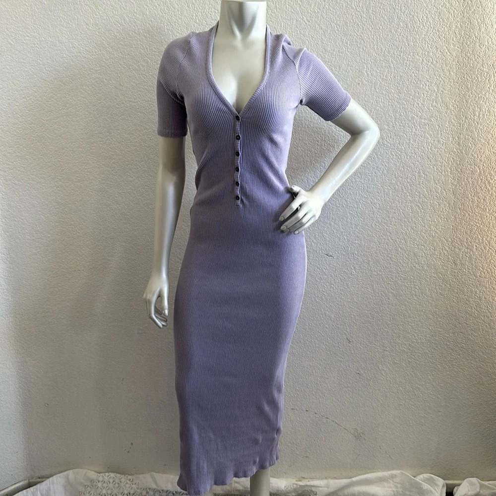 Free People FP Beach Lulu Henley Dress  Maxi Purple Ribbed V-neck Rib Knit - Picture 3 of 7